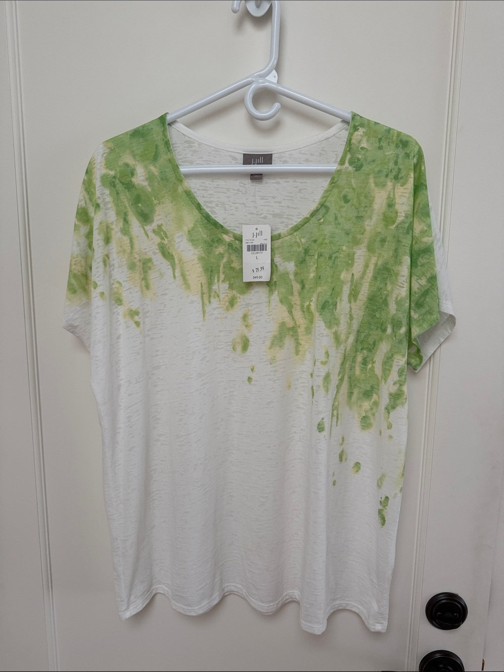 J. Jill white tee with green watercolor yoke L